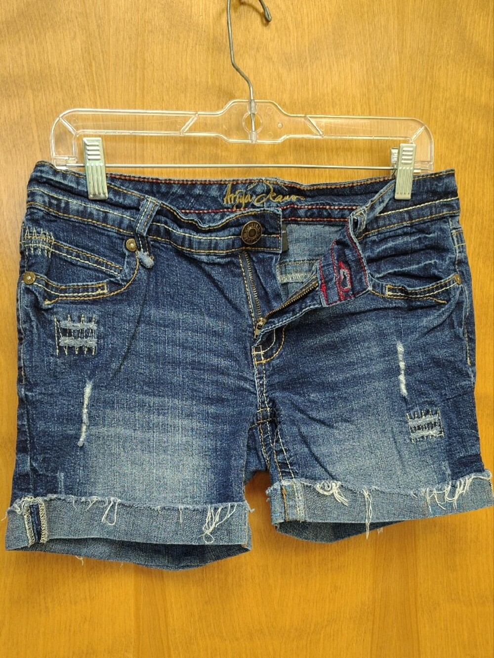 Ariya Dark Blue Low Rise Distressed Rolled-Hem Denim Shorts - Picture 3 of 13